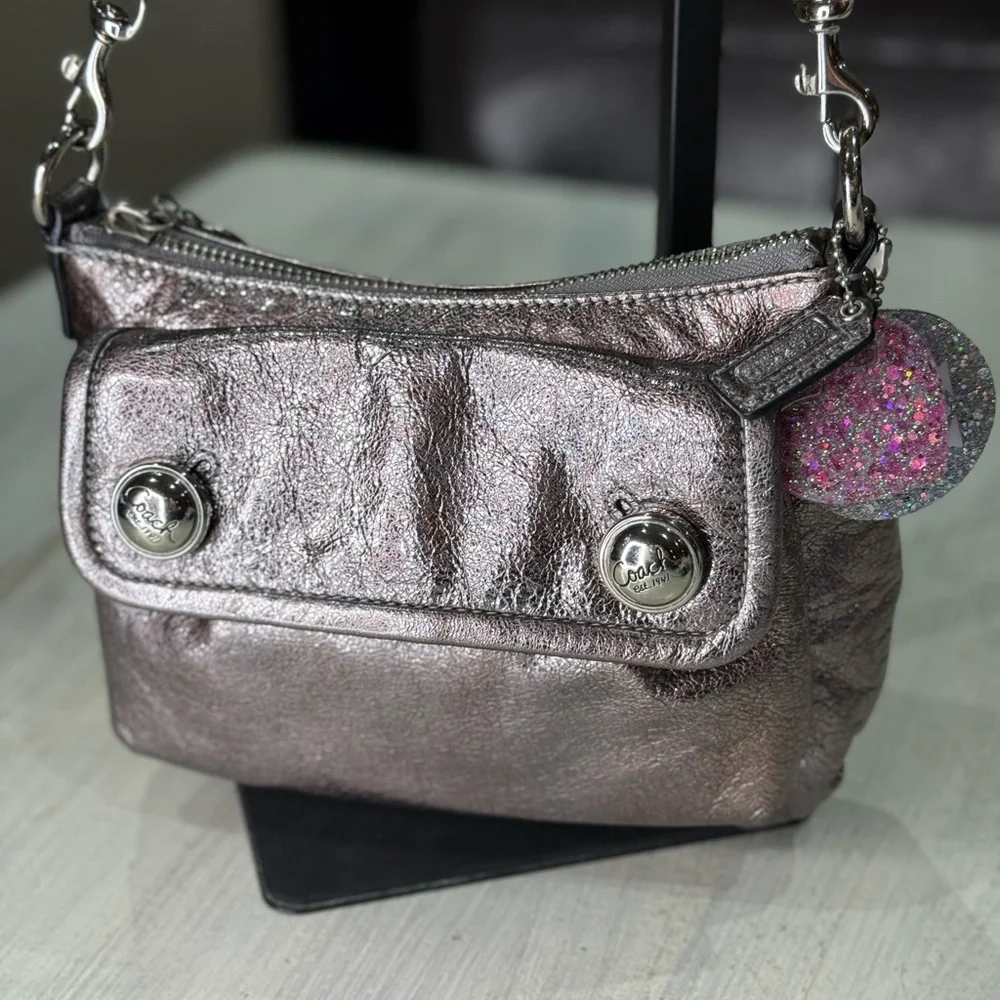 Coach Poppy Pink Metallic Double Button Leather Crossbody
